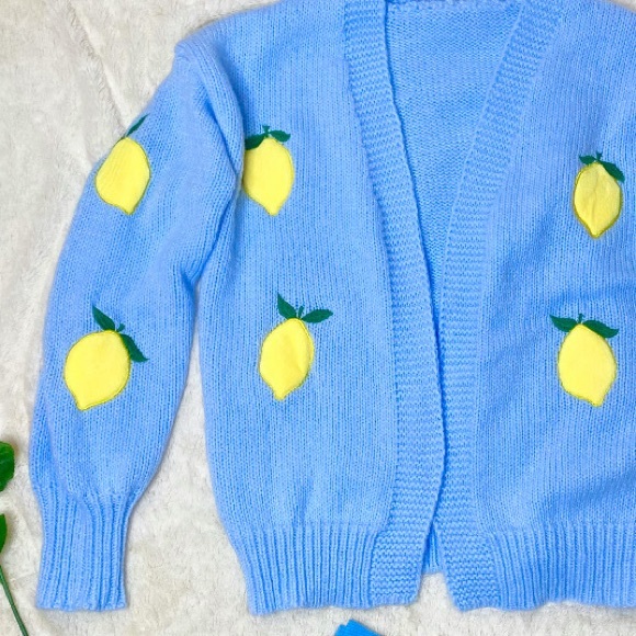 🎀🩵🍋 Whimsical Blue Lemon Embroidery Open Cardigan Sweater & Matching Socks 🍋🩵🎀 - Picture 2 of 9